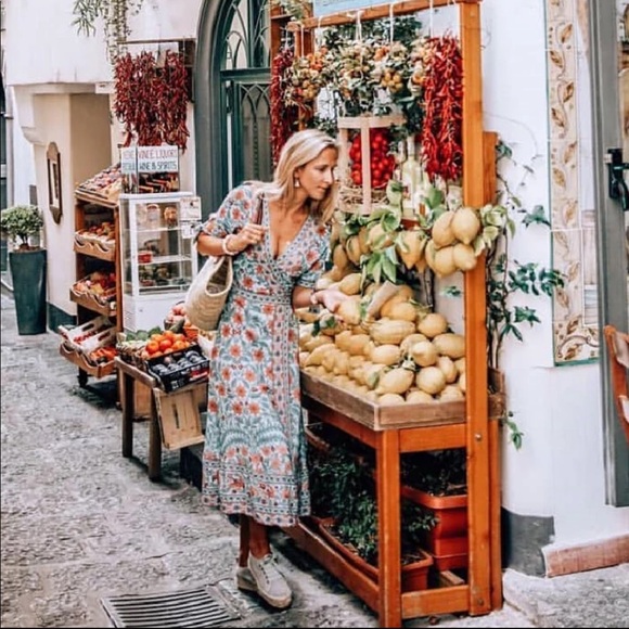 Bohemian Gypsy Floral Print Dress Tie Sleeve Slit - Picture 5 of 7